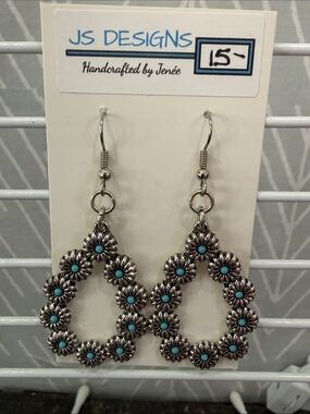 JS Designs Silver Daisy Teardrop Earrings with Turquoise Centers